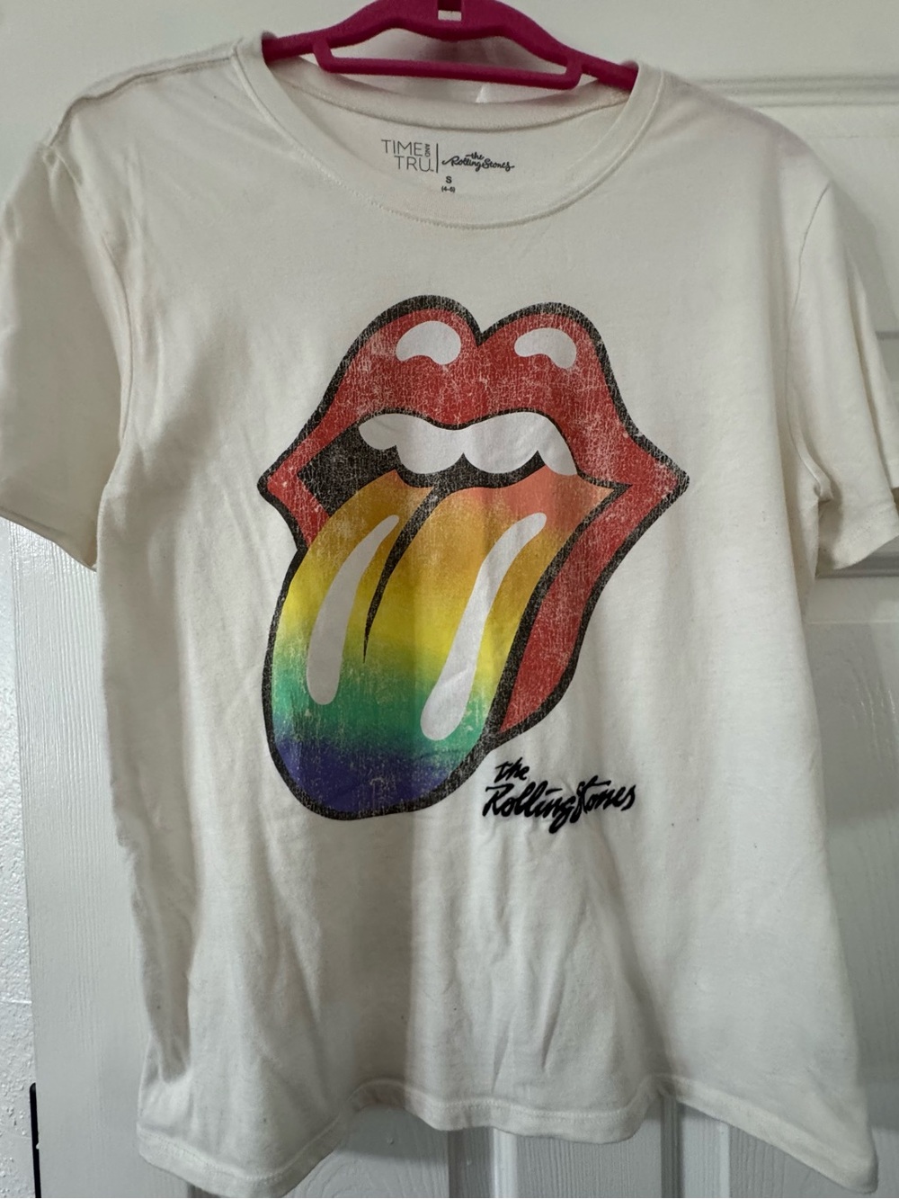 Time and Tru White Tee with Rainbow Tongue Graphic